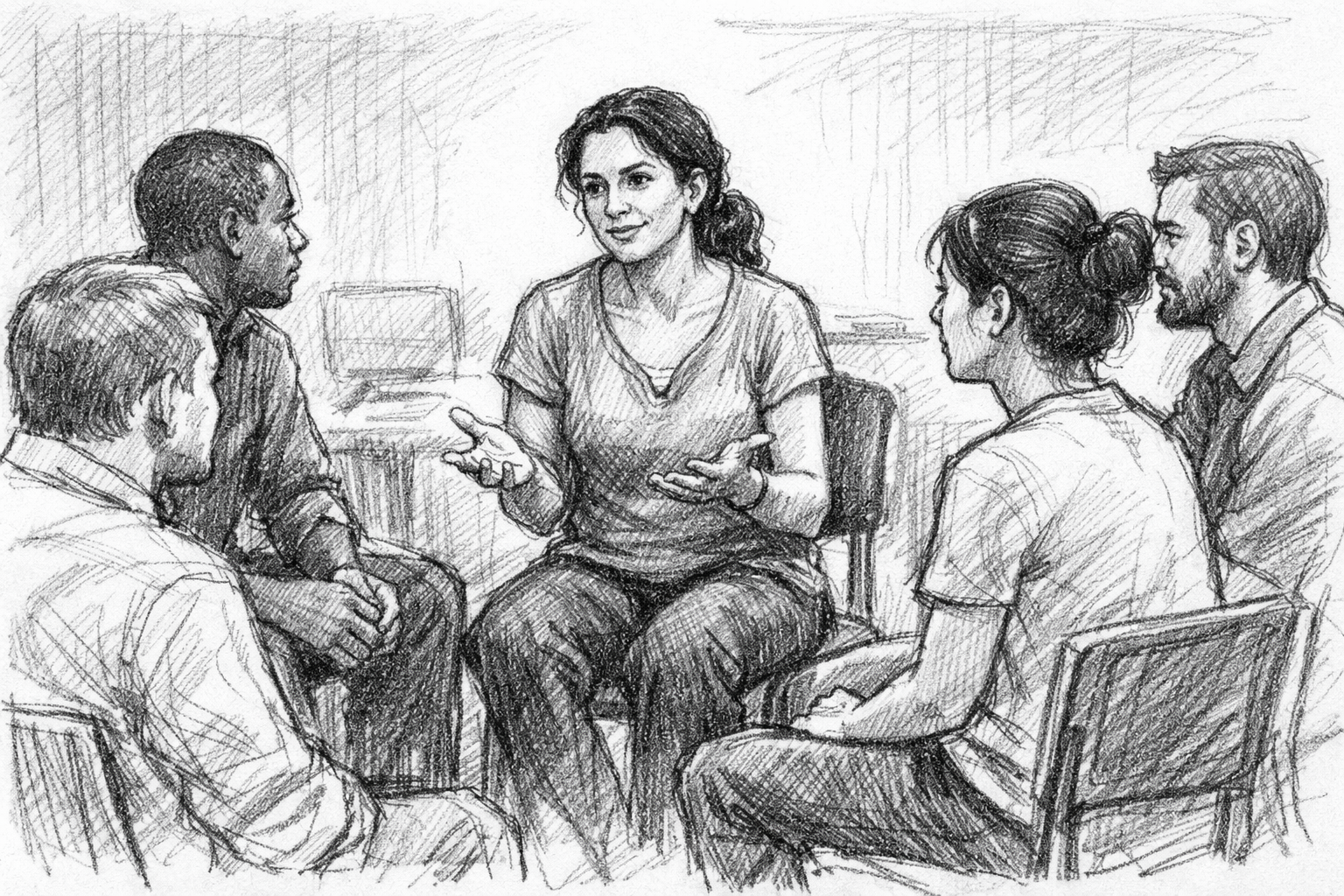 A group wellness coaching session with employees in a modern workspace